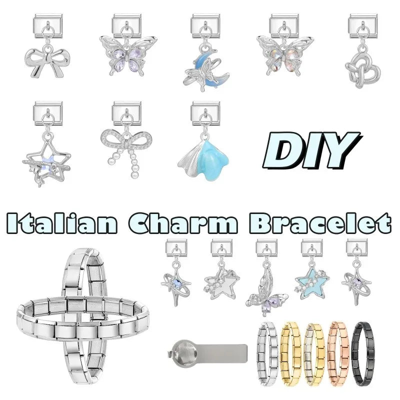 Fashion Blue Sereis Star Pearl Moon Butterfly Italian Charm Links Fit 9mm Stainless Steel Bracelet Women Jewelry DIY Making Gift