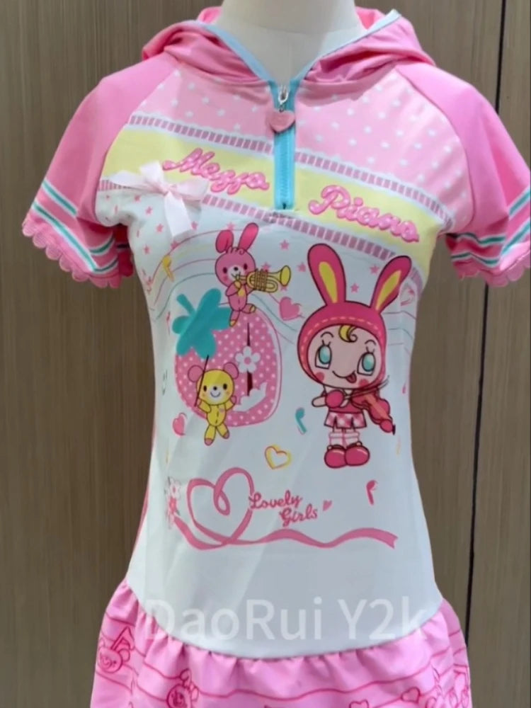 Japanese Harajuku Short Sleeve Hooded Dress Women Sweet A-Line Skirt Kawaii Cartoon Print Y2k Vintage Slim Spring Summer
