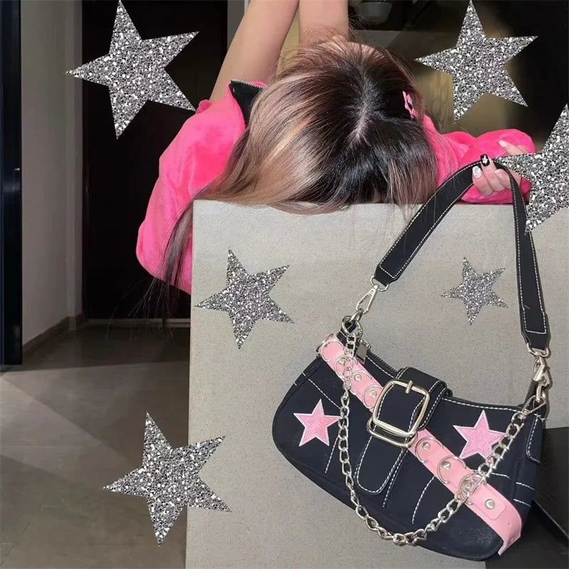 Fashion Women's Handbags Denim Stars Pattern Cool Girls Y2K Underarm Bag Canvas Female Small Shoulder Bags Chain Tote Bag Ins
