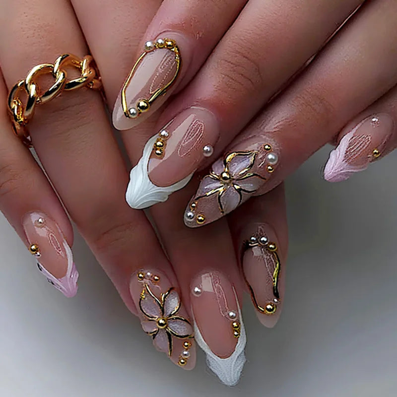 24pcs Pink Flower Almond Press on Nails Kawaii False Nails Wearable Stick-on Nails Fake Nail Uñas Postizas Накладные Ногти 네일팁