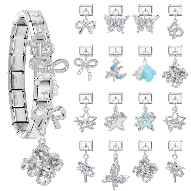 Fashion Blue Sereis Star Pearl Moon Butterfly Italian Charm Links Fit 9mm Stainless Steel Bracelet Women Jewelry DIY Making Gift
