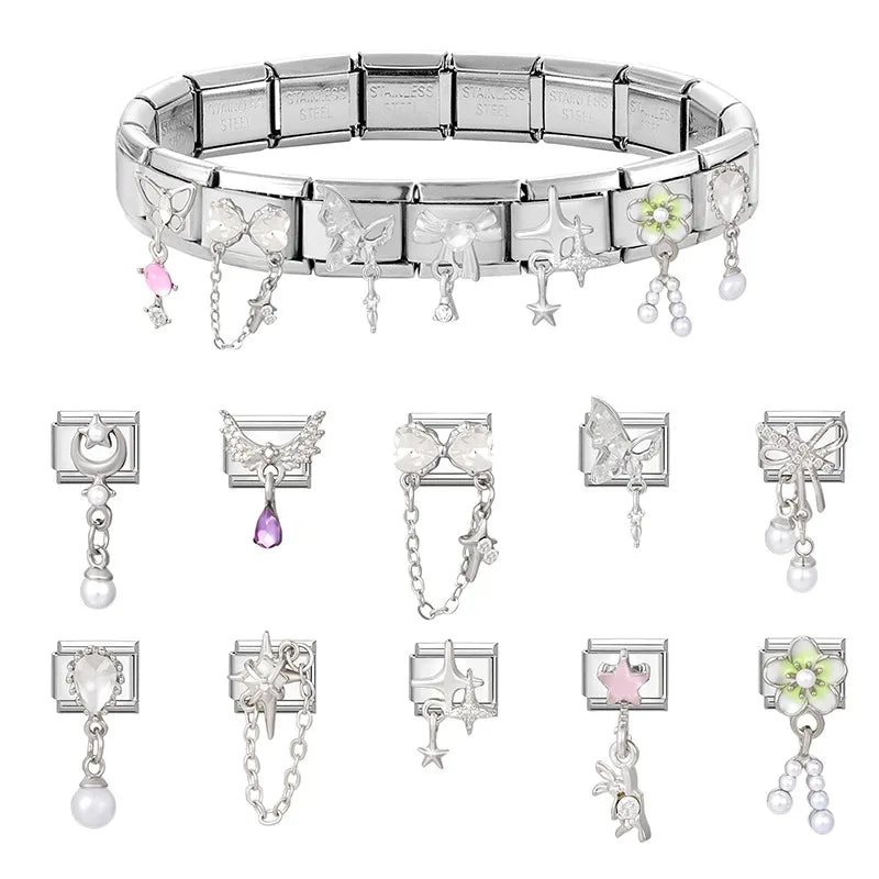 Fashion 2026 Sweet Pink Star Loveheart Pendant Italian Charm Link Fit 9mm Stainless Steel Bracelet Women DIY Making Jewelry Gift