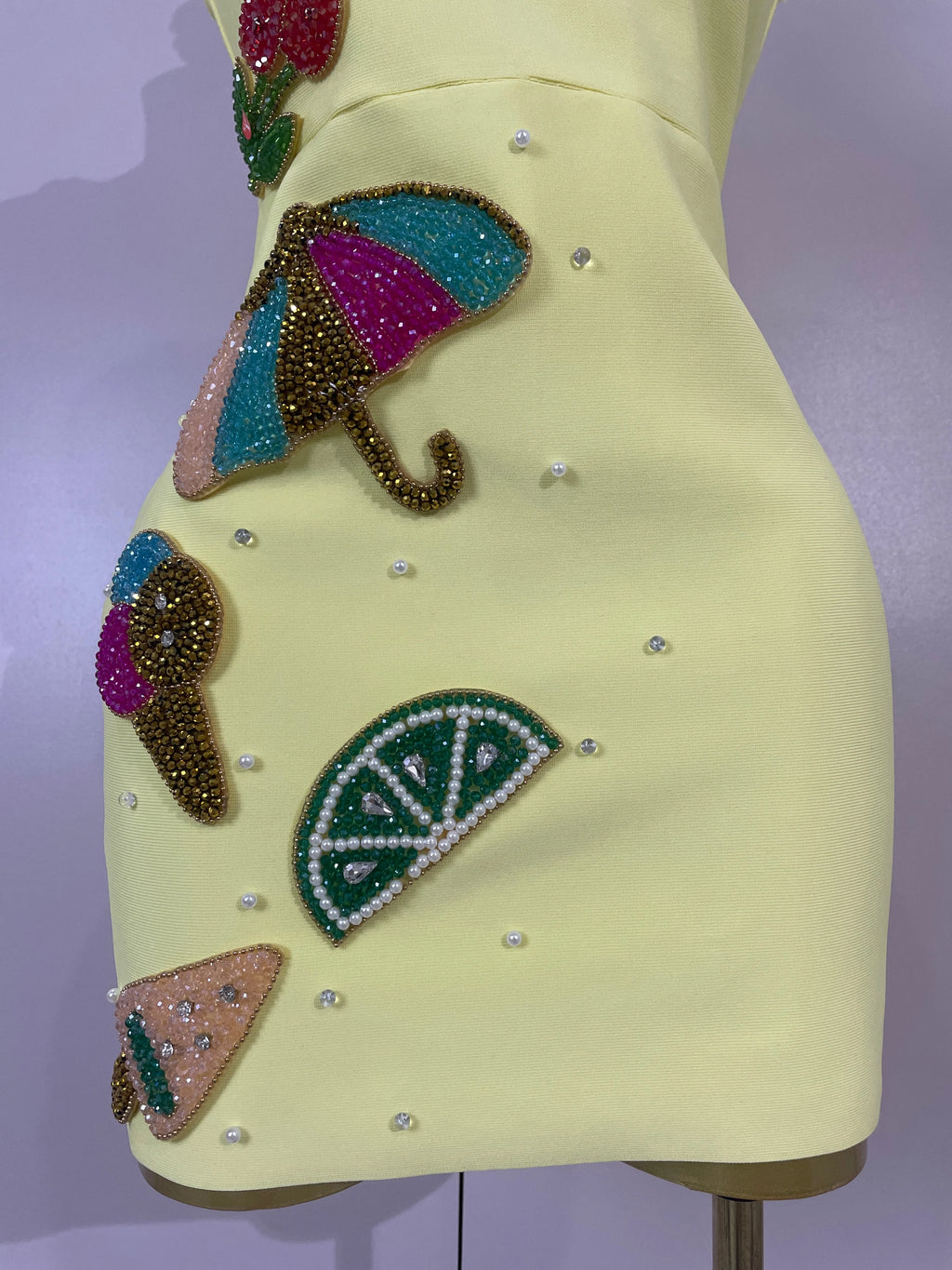 Women Sexy Square Neck Sleeveless Bodycon Bandage Mini Dress Luxury Beaded Tropical Fruit Eveing Party Vacation NightClub Outfit