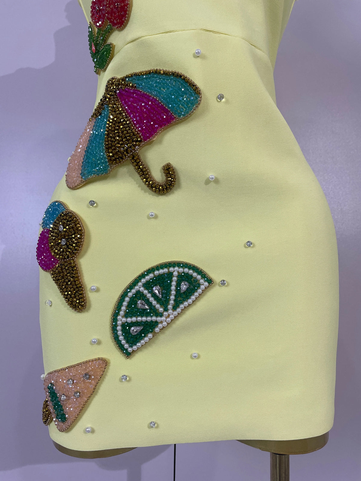 Women Sexy Square Neck Sleeveless Bodycon Bandage Mini Dress Luxury Beaded Tropical Fruit Eveing Party Vacation NightClub Outfit