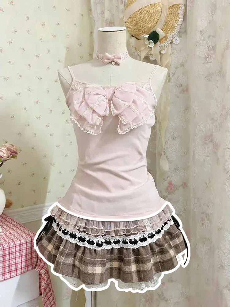 Japanese Sweet Blouse Women Lace Top Ameircan Vintage Plaid Ruffle Mini Skirt Y2K Harajuku Elegant Kawaii Korean Chic Outfits
