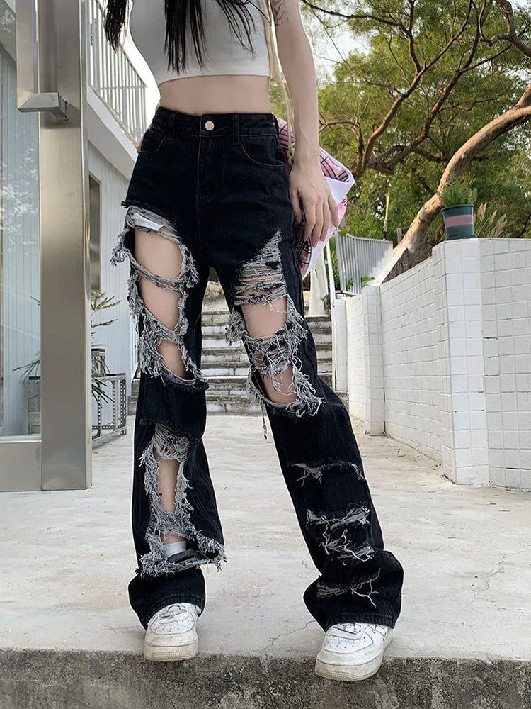 Zoki Hip Hop Hole Jeans Women Y2K Streetwear Harajuku Hollow Out Denim Pant American Retro High Waist Female Straight Trousers