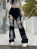 Zoki Hip Hop Hole Jeans Women Y2K Streetwear Harajuku Hollow Out Denim Pant American Retro High Waist Female Straight Trousers