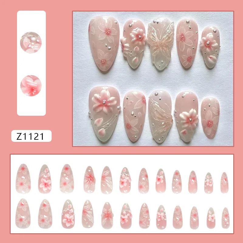 24pcs Pink Flower Almond Press on Nails Kawaii False Nails Wearable Stick-on Nails Fake Nail Uñas Postizas Накладные Ногти 네일팁