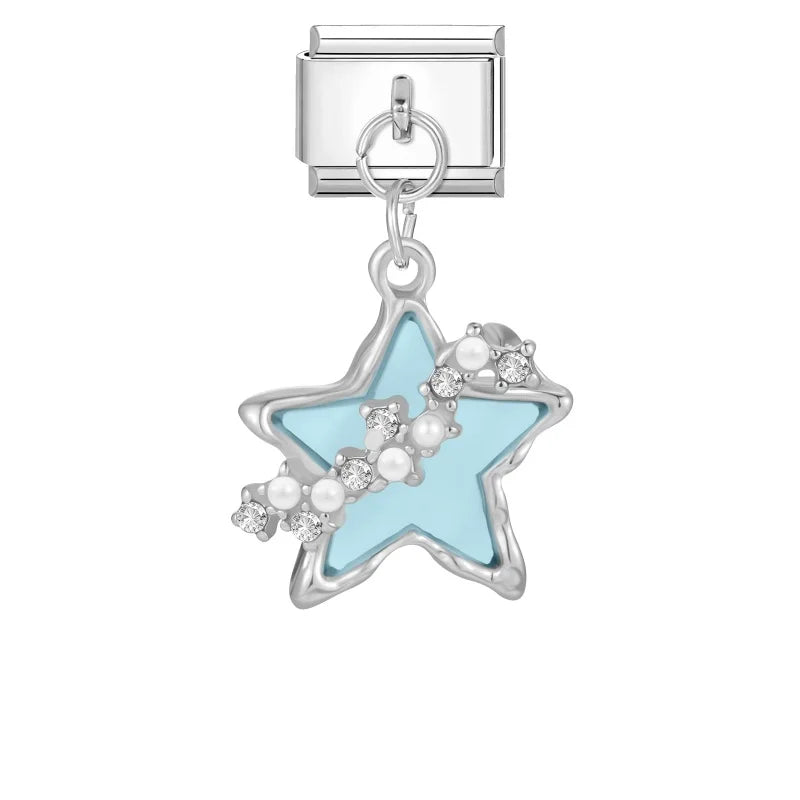 Fashion Blue Sereis Star Pearl Moon Butterfly Italian Charm Links Fit 9mm Stainless Steel Bracelet Women Jewelry DIY Making Gift