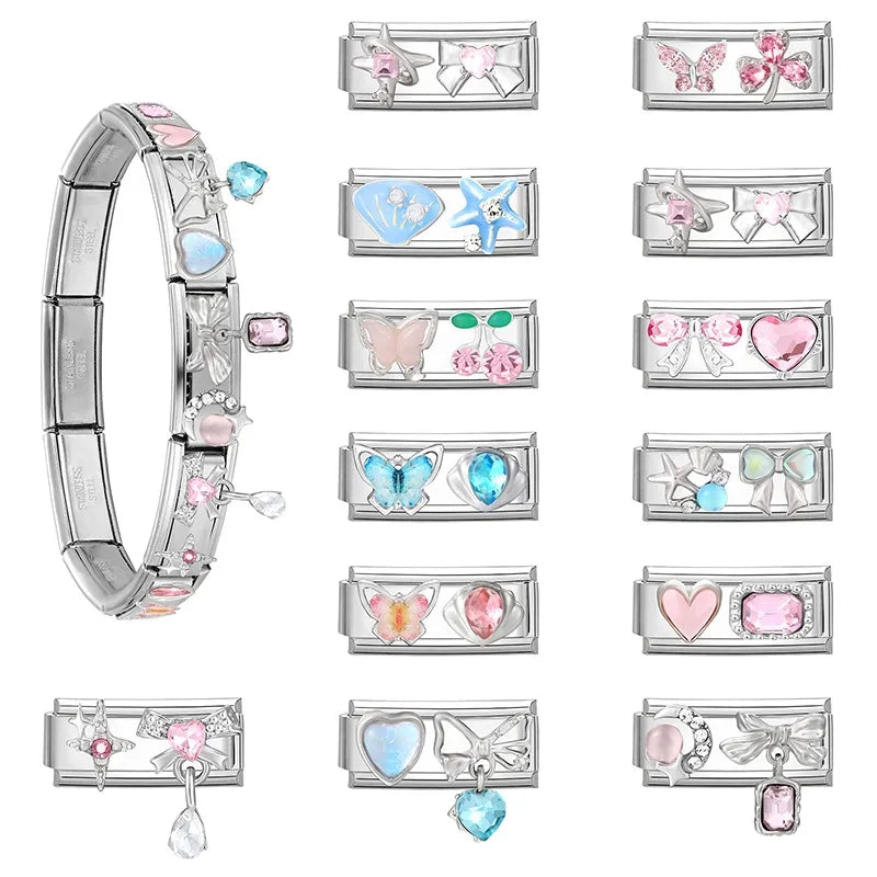 Y2K Zircon Bow Knot Water Drop Pink Zircon Doughnut Heart Italian Charm Links Fit 9MM Stainless Steel Bracelet Women DIY Making