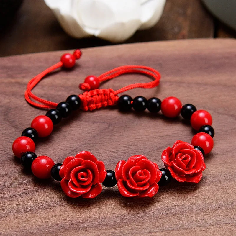 Charm Red Rose Bracelet For Women Handmade Lacquer Carved Cinnabar Flower Adjustable Rope Beaded Bracelet Ethnic Accessories