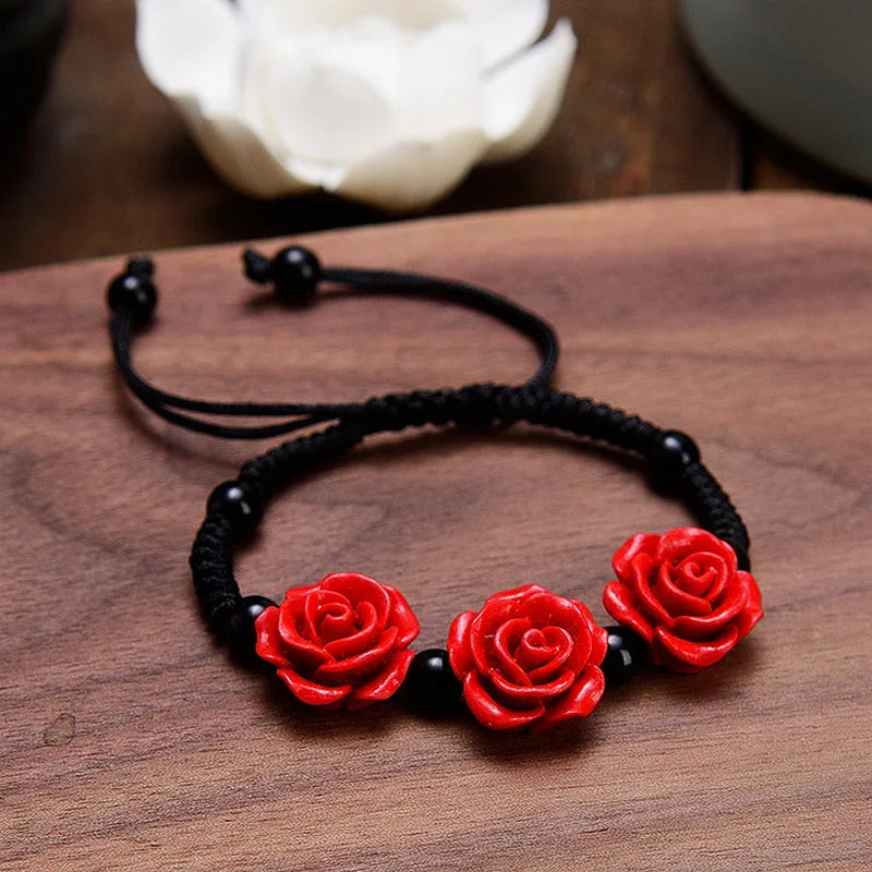 Charm Red Rose Bracelet For Women Handmade Lacquer Carved Cinnabar Flower Adjustable Rope Beaded Bracelet Ethnic Accessories