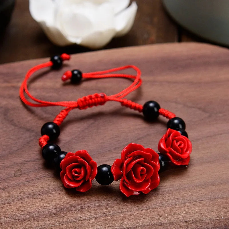 Charm Red Rose Bracelet For Women Handmade Lacquer Carved Cinnabar Flower Adjustable Rope Beaded Bracelet Ethnic Accessories