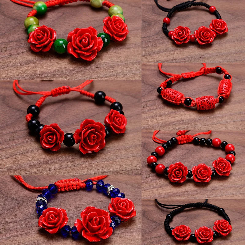 Charm Red Rose Bracelet For Women Handmade Lacquer Carved Cinnabar Flower Adjustable Rope Beaded Bracelet Ethnic Accessories