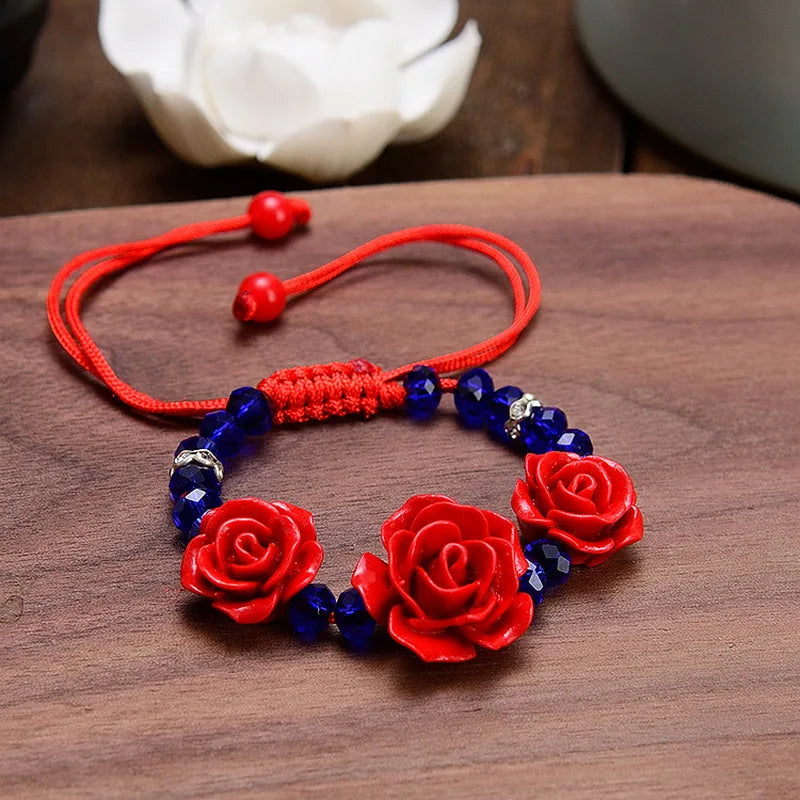 Charm Red Rose Bracelet For Women Handmade Lacquer Carved Cinnabar Flower Adjustable Rope Beaded Bracelet Ethnic Accessories