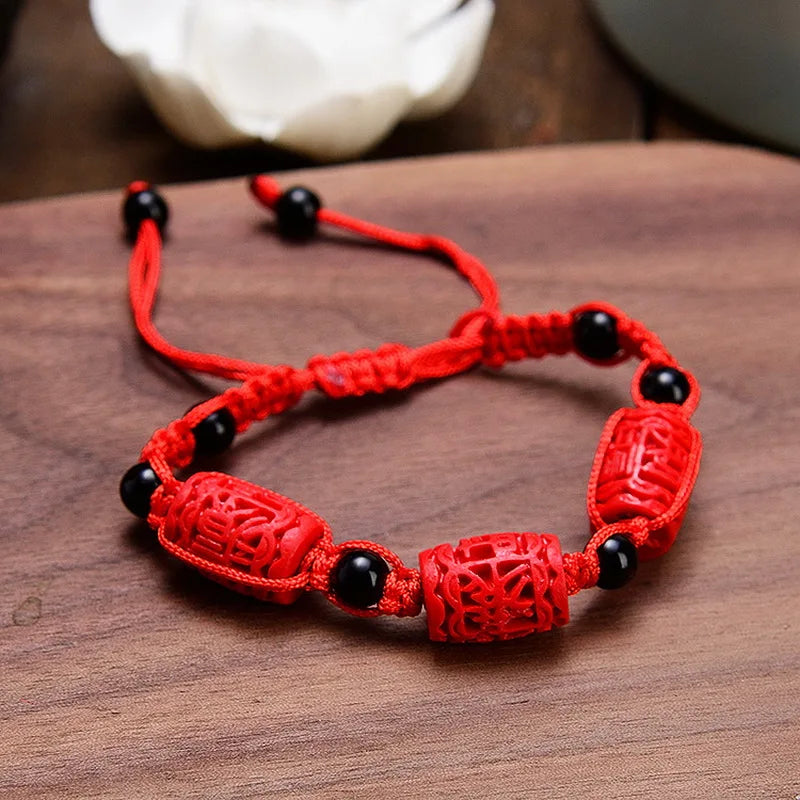 Charm Red Rose Bracelet For Women Handmade Lacquer Carved Cinnabar Flower Adjustable Rope Beaded Bracelet Ethnic Accessories