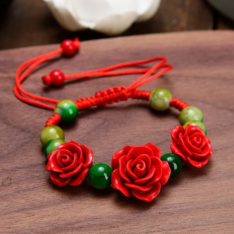 Charm Red Rose Bracelet For Women Handmade Lacquer Carved Cinnabar Flower Adjustable Rope Beaded Bracelet Ethnic Accessories