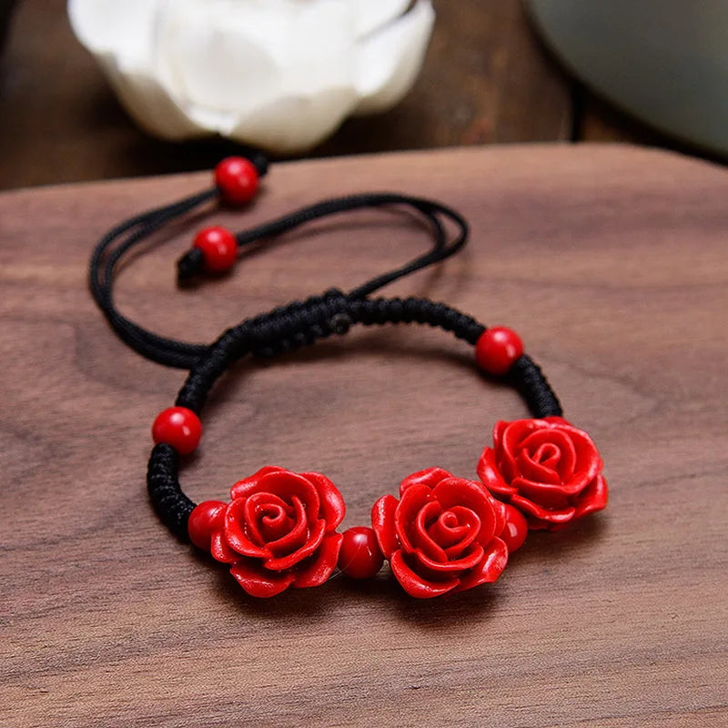 Charm Red Rose Bracelet For Women Handmade Lacquer Carved Cinnabar Flower Adjustable Rope Beaded Bracelet Ethnic Accessories
